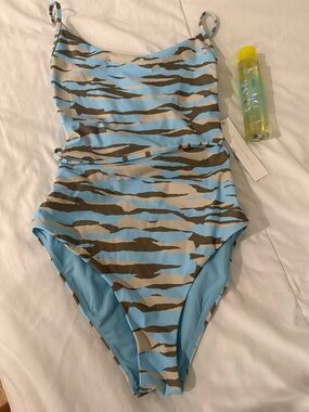 Jonathan Simkhai Blue and Beige Camouflage One-Piece Swimsuit